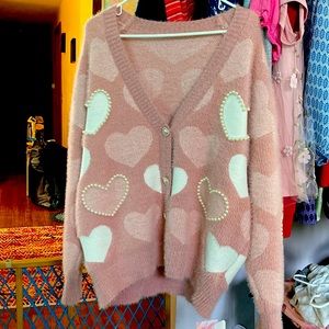 Fuzzy, heart cardigan! Beads and heart shaped buttons!